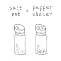 Salt pot and pepper shaker cartoon set. Hand drawn modern classic glass tableware vector sketch doodle illustration